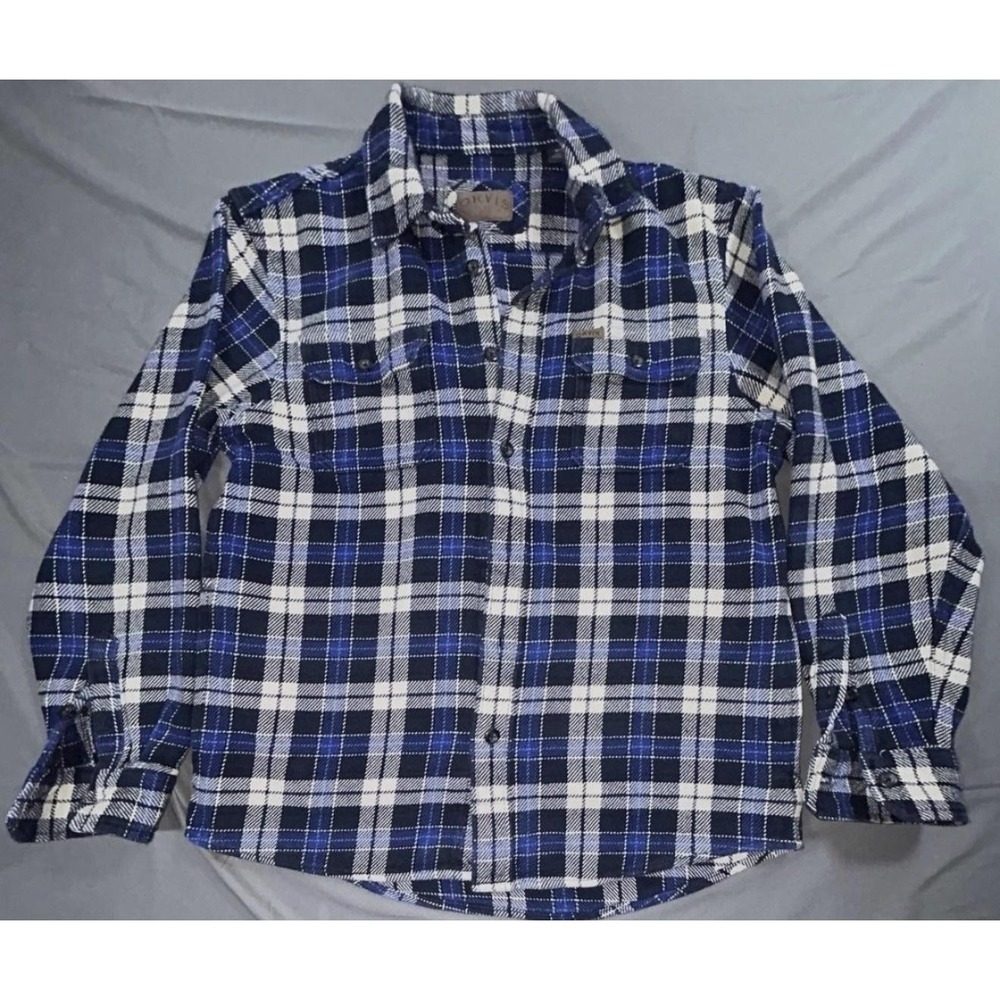 Orvis Shirt Mens M Blue Plaid Flannel Cotton Long Sleeve Button Up Pockets